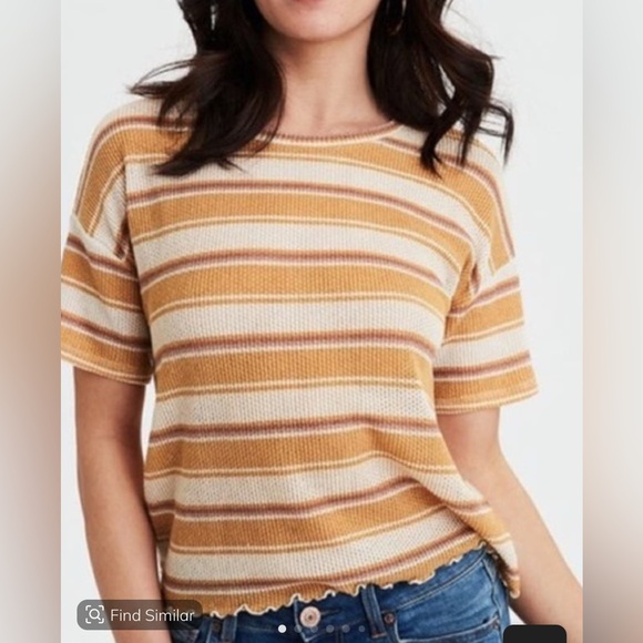 American Eagle Outfitters Tops - American Eagle Outfitters Striped T Shirt Waffle Knit Lettuce Hem Crew Neck